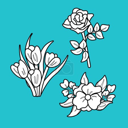 Hermosas flores Dibujos animados Digital Sello Esquema