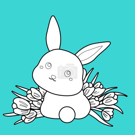 Cute Rabbit Animal and Flowers Cartoon Digital Stamp Outline