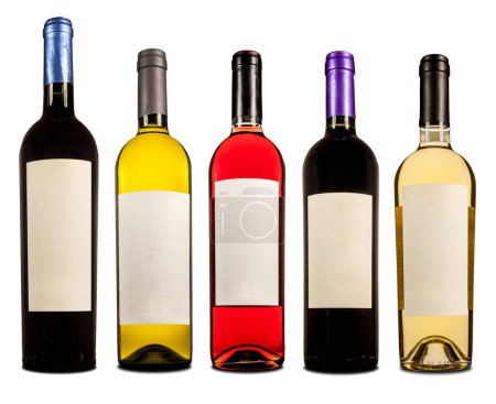 Foto de Botellas de vino con etiqueta blanca. Diferentes vinos, botellas aisladas sobre fondo blanco. - Imagen libre de derechos