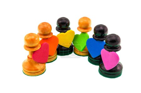 Black and white chess pawns showing the colors of the LGBT flag.