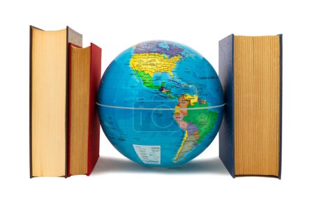 Globe escorted by books where you can see America: concept of protection and defense. Books, a source of knowledge, flank the Earth as defense, protection and care.