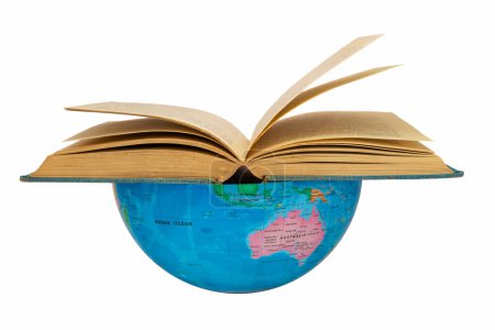 Southern hemisphere of the globe with an open book where Australia: bookrest concept. The southern hemisphere of the earth supports global book reading.