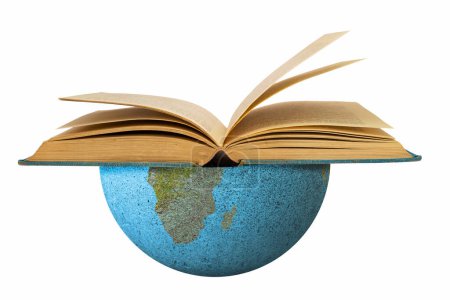 Südliche Hemisphäre der Welt mit einem offenen Buch, wo Amerika und Afrika sind: bookrest concept. Die südliche Hemisphäre der Erde unterstützt das globale Lesen von Büchern.