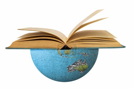 Südhalbkugel der Welt mit einem offenen Buch, wo Australien: bookrest Konzept. Die südliche Hemisphäre der Erde unterstützt das globale Lesen von Büchern.