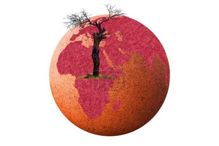 Die Erde mit den Kontinenten Europa, Afrika und Asien. Ein trockener Baum und Rottöne warnen vor der Zerstörung der Erde. Umweltverschmutzung und globale Erwärmung.