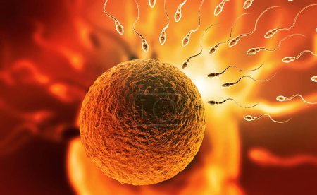 Téléchargez les photos : Sperme avec oeuf sur fond médical abstrait. Illustration 3d - en image libre de droit