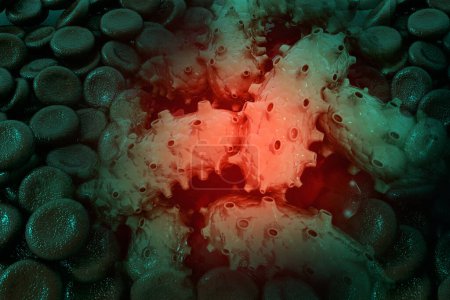 Téléchargez les photos : Virus avec des cellules sanguines sur fond de science. Illustration 3d - en image libre de droit