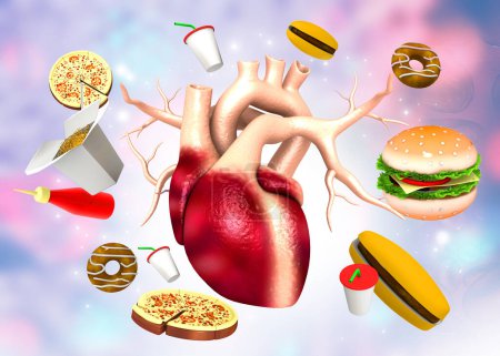 Téléchargez les photos : Anatomie cardiaque humaine avec restauration rapide. Concept d'alimentation malsaine. Illustration 3d - en image libre de droit