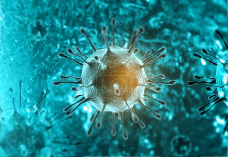 Foto de Vista microscópica del virus, bacterias, organismo infectado por células. ilustración 3d - Imagen libre de derechos