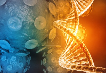 Foto de Células virales y hebras de ADN. Antecedentes médicos. ilustración 3d - Imagen libre de derechos