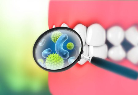 Photo for Magnifying glass showing germs,bacteria,virus in teeth. 3d illustration - Royalty Free Image
