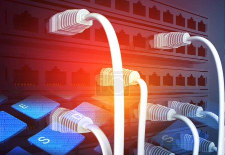 Foto de Cables de red conectados al centro de datos. Fondo de telecomunicaciones. ilustración 3d - Imagen libre de derechos