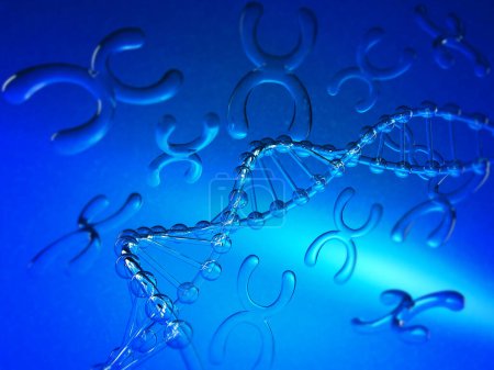 Téléchargez les photos : Structure ADN avec chromosome sur fond abstrait. 3d rendu - en image libre de droit