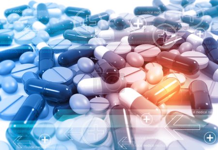 Pillen, Tabletten, Kapseln auf abstraktem medizinischen Hintergrund. 3D-Darstellung