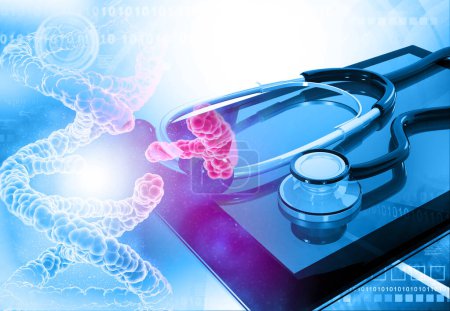 Foto de Ingeniería genética con ADN y estetoscopio sobre fondo azul. 3d renderizar - Imagen libre de derechos