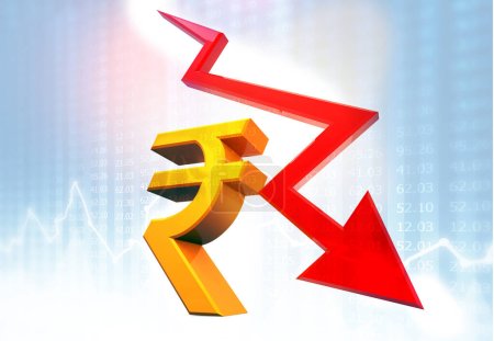 Foto de Disminuir flecha de crecimiento con signo de rupia. disminución del concepto de valor de la rupia india. ilustración 3d - Imagen libre de derechos