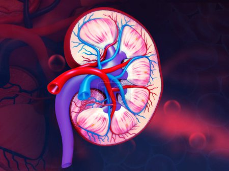 Foto de Sección transversal del riñón humano sobre antecedentes médicos. 3d renderizar - Imagen libre de derechos