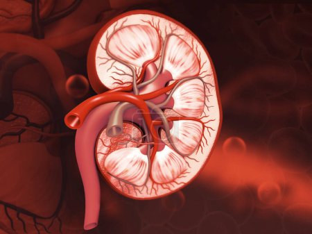 Foto de Sección transversal del riñón humano sobre antecedentes médicos. 3d renderizar - Imagen libre de derechos