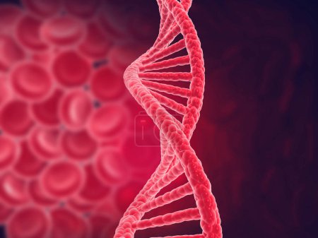 Foto de ADN y células sanguíneas sobre fondo oscuro. 3d renderizar - Imagen libre de derechos