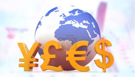 Foto de Símbolos monetarios globales en todo el mundo. ilustración 3d - Imagen libre de derechos