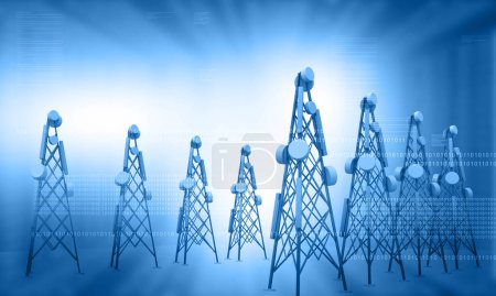 Téléchargez les photos : Tour de télécommunication Antenne sur fond bleu.Illustration 3d - en image libre de droit