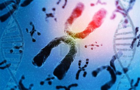 Foto de Cromosomas humanos con ADN sobre fondo abstracto. ilustración 3d - Imagen libre de derechos