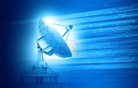 Téléchargez les photos : Satellite dish transmission data on abstract technology background. Illustration 3d - en image libre de droit
