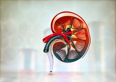 Foto de Sección transversal del riñón humano sobre los antecedentes científicos. ilustración 3d - Imagen libre de derechos