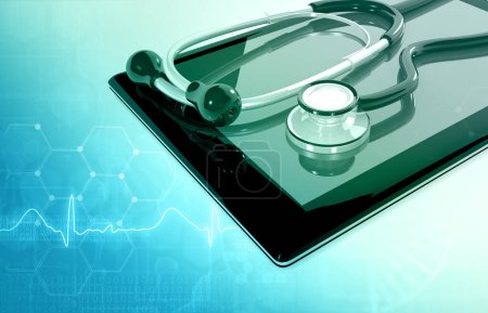 Photo for Tablet screen with stethoscope medical background. 3d illustration - Royalty Free Image