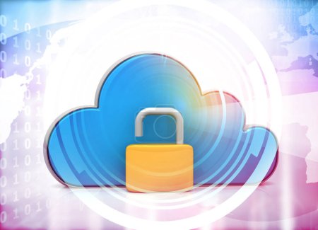 Téléchargez les photos : Systèmes de sécurité Cloud. nuage avec cadenas ouvert sur fond de technologie. Illustration 3d - en image libre de droit