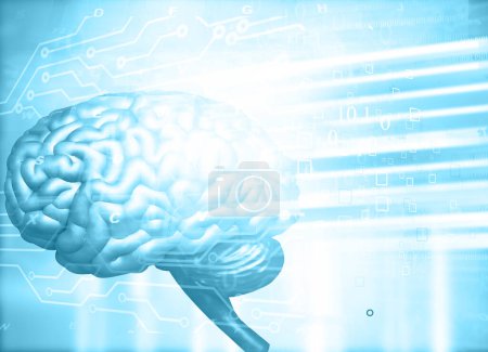 Foto de Placa de circuito con cerebro humano. Inteligencia artificial abstracta. ilustración 3d - Imagen libre de derechos