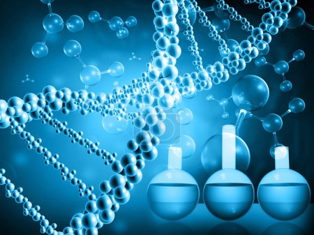 Téléchargez les photos : Flacons de laboratoire avec ADN et molécules. science abstraite. Illustration 3d - en image libre de droit