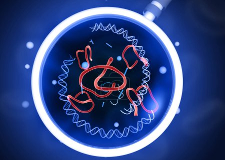 Foto de ADN con virus y bacterias bajo magnificación. ilustración 3d - Imagen libre de derechos