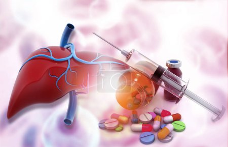 Téléchargez les photos : Anatomie du foie avec la médecine pharmaceutique. bouteille en verre, pilules et une seringue. Illustration 3d - en image libre de droit