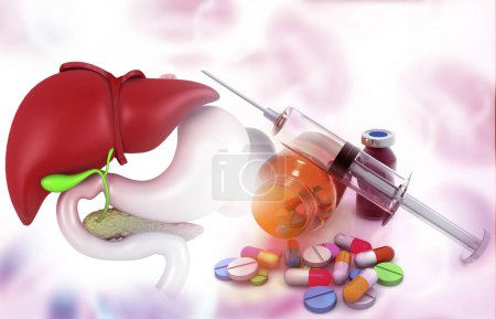 Foto de Anatomía del hígado con medicamentos farmacéuticos. frasco de vidrio, pastillas y una jeringa. ilustración 3d - Imagen libre de derechos