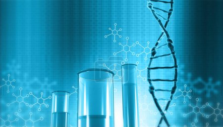Téléchargez les photos : Recherche génétique biotech science concept background. Structure de l'ADN avec biochimie .3d illustration - en image libre de droit