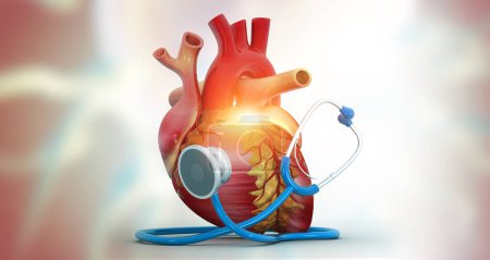 Téléchargez les photos : Coeur humain avec stéthoscope sur fond blanc. Soins cardiaques et concept de protection. Illustration 3d - en image libre de droit