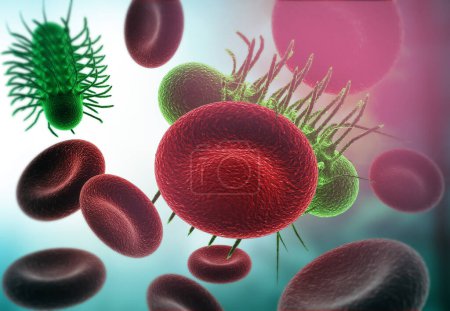 Téléchargez les photos : Globules rouges, virus, bactéries sur fond médical. Illustration 3d - en image libre de droit
