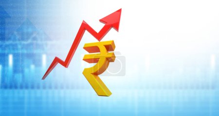 Foto de Gráfico de flecha móvil que muestra el crecimiento de la rupia india. Rupia símbolo con gráfico de flecha. ilustración 3d - Imagen libre de derechos