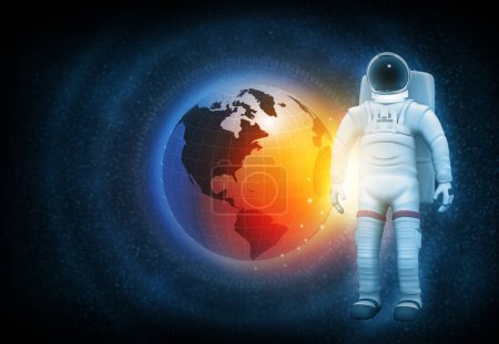 Téléchargez les photos : Un astronaute en costume spatial explore l'espace. Astronaute avec le monde. Illustration 3d - en image libre de droit