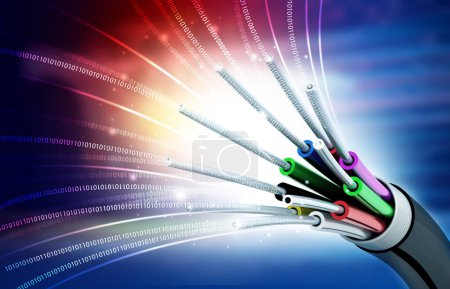 Foto de Cable de fibra óptica con señales. concepto de tecnología de comunicación. ilustración 3d - Imagen libre de derechos
