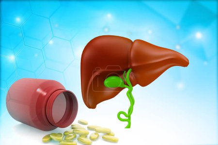 Photo for Human Liver anatomy with medicine health pills drug on blues background. 3d illustration - Royalty Free Image