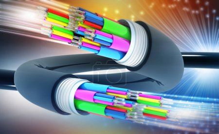 Téléchargez les photos : Câble à fibre optique sur fond de technologie abstraite. Illustration 3d - en image libre de droit
