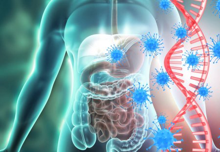Foto de Virus atacando el ADN con el cuerpo humano. ilustración 3d - Imagen libre de derechos