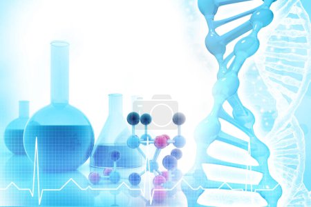 Téléchargez les photos : Flacon de laboratoire contenant des molécules et de l'ADN. Illustration 3d - en image libre de droit