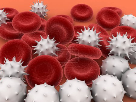 Téléchargez les photos : Globules rouges, virus, bactéries sur fond médical. Illustration 3d - en image libre de droit