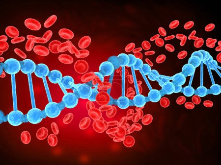 Téléchargez les photos : Brins d'ADN avec globules rouges. Illustration 3d - en image libre de droit