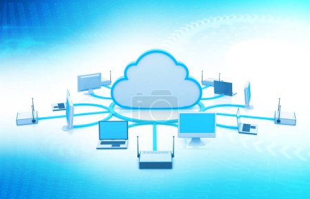 Foto de Concepto de red en nube. Concepto de tecnología de almacenamiento en nube. ilustración 3d - Imagen libre de derechos