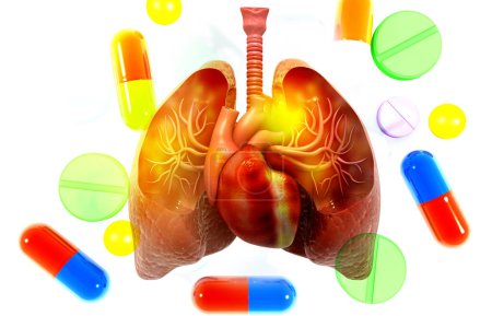 Foto de Anatomía del sistema respiratorio humano con pastillas medicinales. antecedentes científicos. ilustración 3d - Imagen libre de derechos