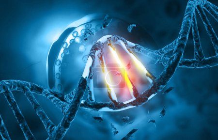 Foto de Mutación de ADN o daño .Dna hebra fondo de la ciencia. ilustración 3d - Imagen libre de derechos